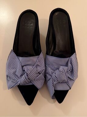 Trademark Blue Pointed Mules with Gingham Bow